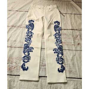 Soft Surrounding White Jeans with Blue Floral Embroidery Size XS Petite NWT